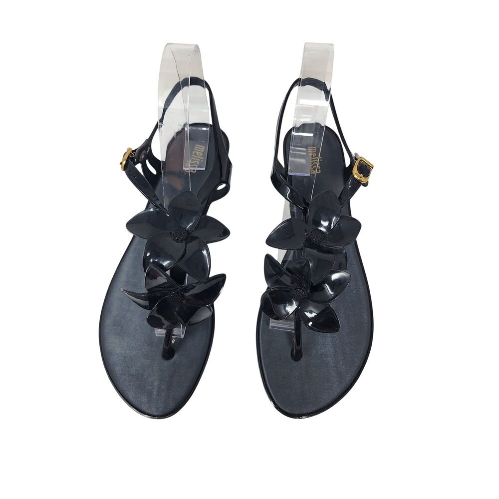 Melissa Solar Hawaii Sandals Women 9 Black Jelly Flower Toe Post Ankle Strap